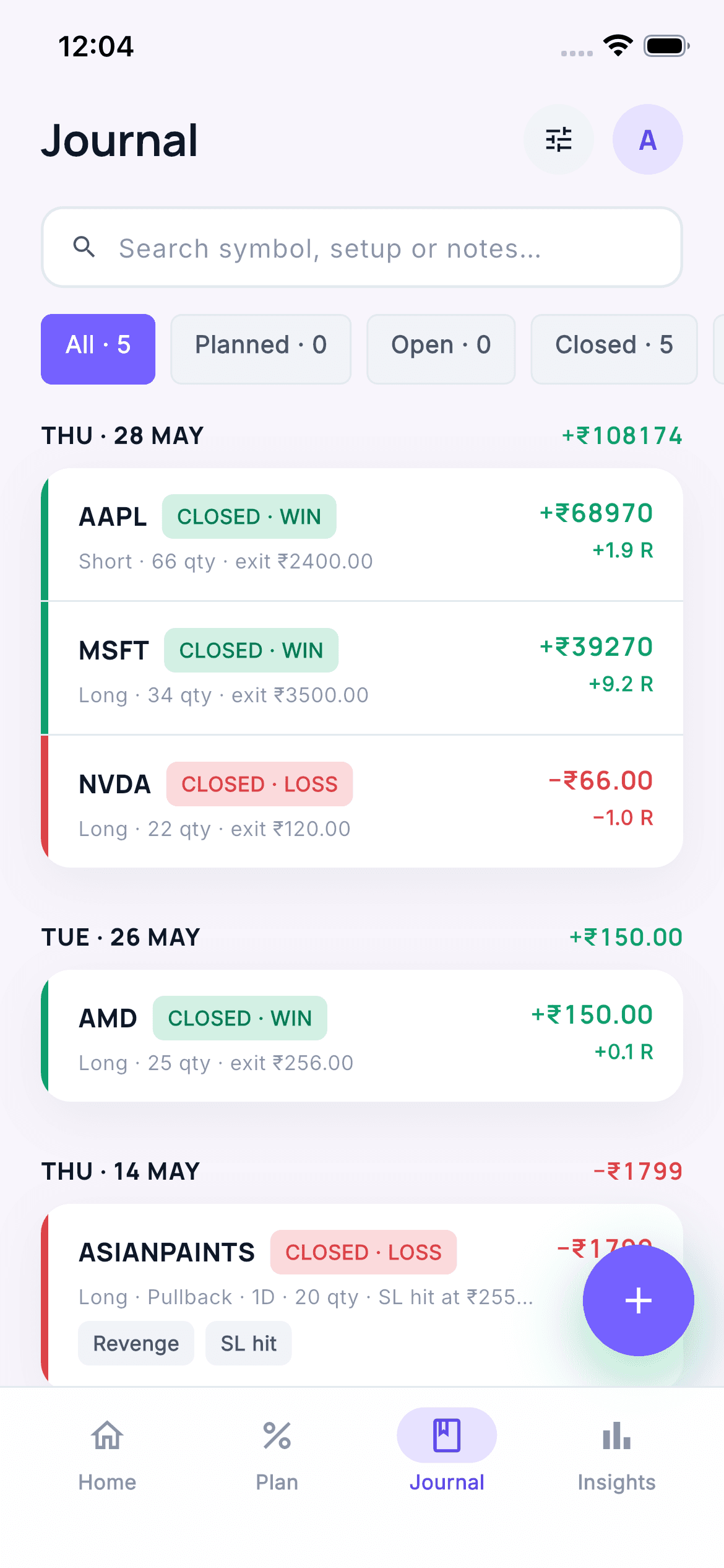 Trading journal with filters, trade status, and R-multiple results
