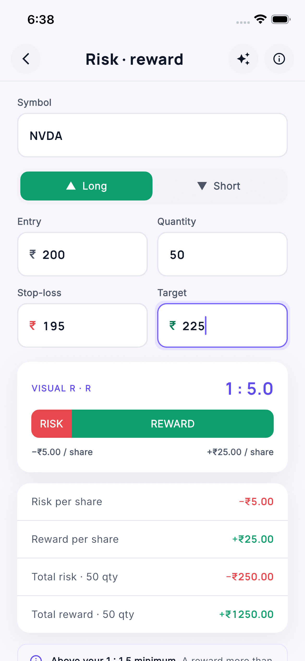 Risk-reward calculator with visual R:R results